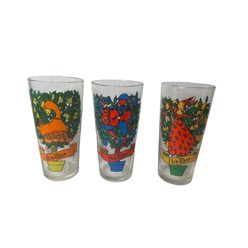 Vintage 12 Days of Christmas Drinking Glasses 6,9,11 Holiday Barware Collectible